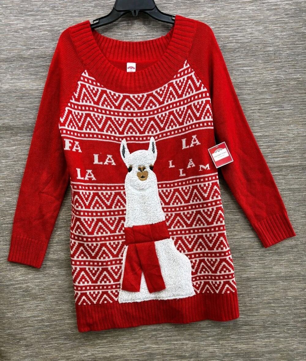 Holiday Time Womens Fa La Llamas Cute Soft Christmas Sweater Womens L Red NEW